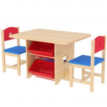 AIYAPLAY Kindertisch mit 2 Stühlen, 3-teiliges Set aus Holz, mit 4 Aufbewahrungsboxen, Sternenmuster, für Kinder von 3-7 Jahren, Naturholz   Aosom
