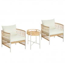 Outsunny Ensemble de bistrot de 3 pièces Ensemble de meubles de jardin, Rotin en PE, 72 cm x 66 cm x 64 cm, Jaune+Blanc Crème