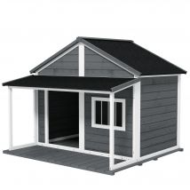 PawHut Niche pour chien en plein air, incluant une véranda, résistante aux intempéries, 124 cm x 112 cm x 105 cm, Gris + Blanc
