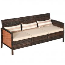Outsunny Canapé en rotin avec coussins, Trois places, Canapé de jardin, Acier, Marron, 173 x 68 x 78 cm