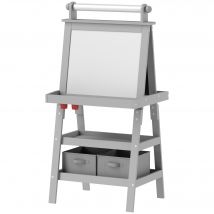 AIYAPLAY Tableau chevalet enfant 3 en 1 avec tableau blanc magnétique, tableau à craie, rouleau papier, 2 paniers, 3-6 ans, gris