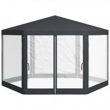 Outsunny Pavillon de Jardin 6-hexagonal avec Rideaux en Filet, Structure Métallique, 3,94x3,412x2,5m, Gris Foncé