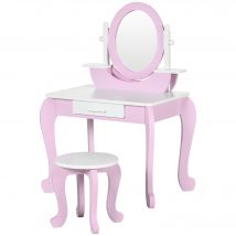 ZONEKIZ Kinder-Frisiertisch mit Hocker, Spiegel und Schublade 65,5 x 46 x 93 cm zweifarbig Rosa und Weiß   Aosom