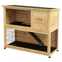 PawHut Clapier à lapin en bois 2 étages avec 3 portes plateau coulissant rampe toit bitumé 120 x 50 x 102 cm jaune