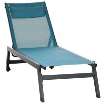 Outsunny Bain de soleil transat en aluminium et textilène avec roulettes et repose-tête dossier inclinable bleu