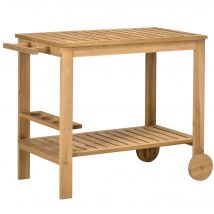 Outsunny Desserte de jardin chariot pour plancha barbecue en bois avec poignée 2 plateaux et porte-bouteilles 95 x 47 x 74 cm   Aosom France