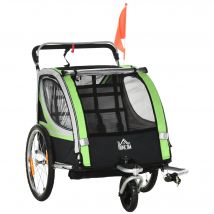 HOMCOM Remorque vélo pour enfant 2 en 1 convertible jogger poussette capacité 26,4 kg avec réflecteurs et drapeau - 2 places  - vert