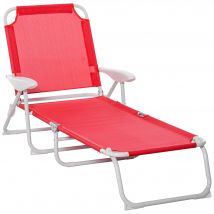 Outsunny Chaise longue bain de soleil pliable transat inclinable 4 positions avec accoudoirs revêtement tissu textilène métal époxy rouge