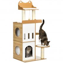 PawHut Kratzbaum, 133 cm, Katzenbaum Katzenkratzbaum mit 2 Katzenhöhlen, mit Kratzstämmen, Kissen, Spielball, Katzenmöbel, Indoor, Eiche+Weiß   Aosom