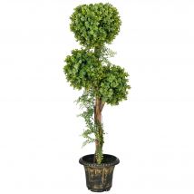 HOMCOM Plante artificielle arbre artificiel 3 boules de buis avec pot ciment, intérieur et extérieur, hauteur 115 cm