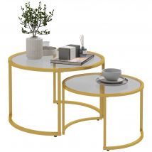HOMCOM Lot de 2 tables basses gigognes rondes plateau verre trempé et pied en acier au carbone doré