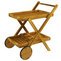 Outsunny Desserte de jardin chariot pour barbecue en bois avec 2 plateaux, 3 casiers à bouteilles et 2 roues bois naturel