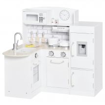 HOMCOM Kinderküche Spielküche mit elektronischem Wasserspender, Mikrowelle und Kühlschrank, Puppenküche mit Backofen, Kochgeschirrset, Küchenzubehör für Kinder ab 3 Jahren, Weiß   Aosom