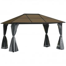 Outsunny Tonnelle pavillon de jardin avec toit rigide polycarbonate imperméable 4 parois latérales anti-UV moustiquaires 4 x 3 m gris foncé et noir