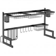 HOMCOM Égouttoir Vaisselle 2 Niveaux Porte-Couteau Planche à Découper Acier Noir   Aosom France