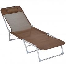 Outsunny Bain de soleil transat chaise longue inclinable pliable avec oreiller dossier réglable sur 5 niveaux marron