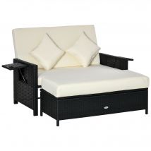 Outsunny Ensemble de jardin 2 places : canapé dossier inclinable tablettes coffre matelas et coussins intégrées + repose-pieds, noir, crème