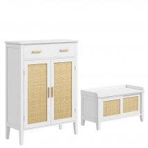 HOMCOM Lot de Banc à chaussures + Meuble à chaussures - meuble de rangement pour l'entrée - 2 portes effet cannage - blanc