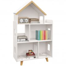 ZONEKIZ Étagère de rangement pour jouet enfant et livres forme de maison 3 niveaux  65 x 25 x 108,5 cm blanc et naturel
