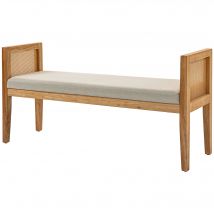 HOMCOM Banc bout de lit en tissu aspect lin avec accoudoirs en rotin et cadre en bois massif 120 x 38 x 61,5 cm beige