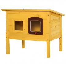 PawHut Maison pour chat en bois niche d'extérieur toit résistant à l'eau avec porte et fenêtre jaune