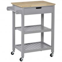 HOMCOM Desserte de service chariot de cuisine à roulettes avec plan de travail en bois hévéa - 2 étagères, 1 tiroir et 1 porte-torchon
