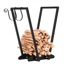 Outsunny Range-bûches porte bûche en acier avec 2 crochets et étagère inférieure pour intérieur et extérieur 45 x 32 x 58 cm noir