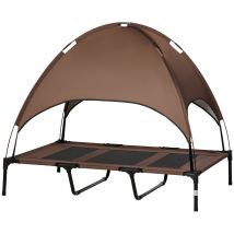 PawHut Lit Surélevé pour Animaux Tissu Oxford Anti-UV Brun Noir avec Parasol et Sac de Transport   Aosom France