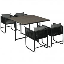 Outsunny Salon de jardin ensemble 5 pièces avec 1 table et 4 fauteuils 8 coussins table en composite plateau aspect bois noir   Aosom France