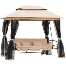 Outsunny Balancelle de Jardin 3 Places Convertible Style Colonial 5 Coussins Matelas moustiquaires Inclus 2,56L x 1,72l x 2,48H m Marron Clair