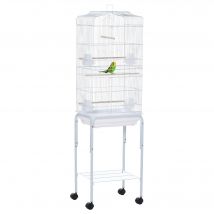 PawHut Volière sur Pied Roulettes Toit Ouvrant 3 Perchoirs Étagère 46,5x36x157cm   Aosom France