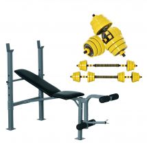 HOMCOM Banc de musculation Fitness banc d'haltérophilie dossier réglable + Ensemble d'haltères courtes ou longues 20 Kg barre d'extension incluse
