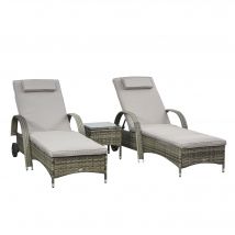 Outsunny Lot de 2 transats : matelas, têtière, inclinaison réglable multipostions, accoudoirs, roulettes + table basse résine tressée 4 fils gris