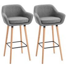 HOMCOM Tabourets de Bar Design scandinave - Lot de 2 chaises de Bar Grand Confort avec Repose-Pieds et accoudoirs - Bois de hêtre Lin Gris foncé