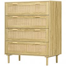 HOMCOM Commode 4 tiroirs meuble de rangement façade tissage en rotin style bohème dim. 90l x 45P x 108,5H cm Aspect Bois Clair