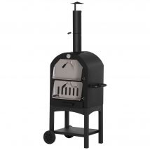 Outsunny Four à Pizza extérieur au Charbon de Bois - Barbecue sur roulettes Pierre réfractaire cheminée, jauge température Noir Gris