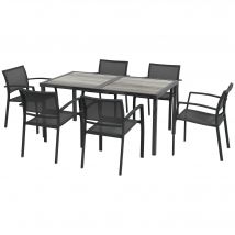 Outsunny Ensemble salle à manger de jardin 7 pièces avec 1 table et 6 chaises empilables en métal époxy textilène gris