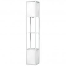 HOMCOM Lampadaire sur pied salon, lampe salon moderne, lampadaire avec étagères, abat-jour en tissu et double éclairage, blanc