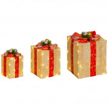 Outsunny Boîtes cadeaux Noël lumineuse décorations de Noël avec nœud 58 lumières lot de 3 boîtes à cadeaux à LED or