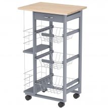 HOMCOM Chariot desserte de cuisine à roulettes multi-rangements 3 paniers métal tiroir + 2 range-bouteilles bois pin gris   Aosom France