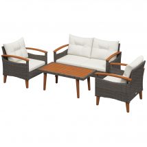 Outsunny Ensemble salon de jardin 4 pièces en rotin PE canapé 2 places 2 fauteuils coussins et plateau en bois d'acacia crème