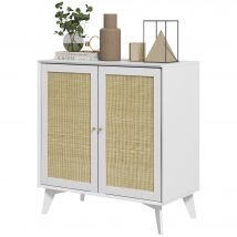 HOMCOM Buffet bas meuble de rangement design bohème double portes avec 2 niveaux buffet de cuisine avec façade en rotin 80 x 40 x 85 cm blanc