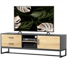 HOMCOM Meuble TV pour téléviseurs jusqu'à 60 pouces, meuble télé avec placard compartiments ouverts, 2 tiroirs, bois naturel