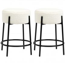 HOMCOM Lot de 2 tabourets de bar tabourets de cuisine avec repose-pieds acier et revêtement effet laine bouclée hauteur 62 cm blanc et noir