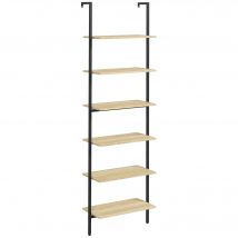 HOMCOM Étagère échelle mural bibliothèque style industriel 5 étagères acier noir aspect bois naturel dim. 60L x 30l x 206H cm