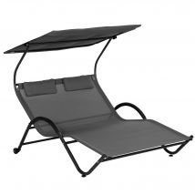 Outsunny Chaise longue bain de soleil transat avec auvent oreiller et roulettes en acier et polyester gris foncé   Aosom France