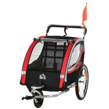 HOMCOM Remorque vélo pour enfant 2 en 1 convertible jogger poussette capacité 26,4 kg avec réflecteurs et drapeau - 2 places  - rouge