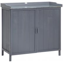 Outsunny Armoire de rangement de jardin sur pied, table de rempotage 2 en 1 double porte, étagère, plateau métal galvanisé - gris