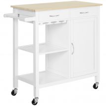 HOMCOM Desserte de cuisine à roulettes multi-rangements plateau en bois de pin avec 2 tiroir porte-serviettes porte-verres à vin blanc