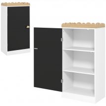AIYAPLAY Meuble rangement enfant, rangement jouet enfant avec porte en tableau noir, 3 casiers et plateau supérieur, blanc